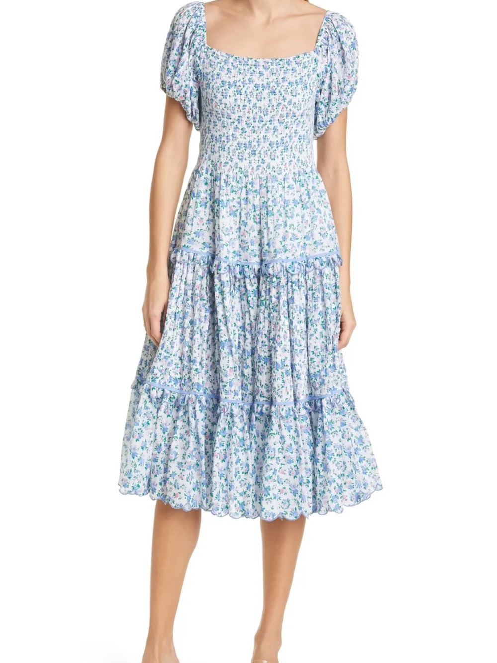 LOVESHACKFANCY Masie Floral Smocked Tiered Midi Dress size XS